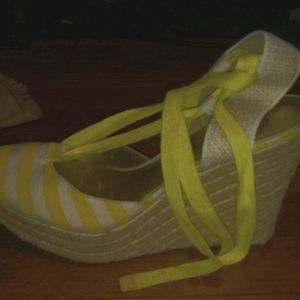 Yellow and white wedge sandals